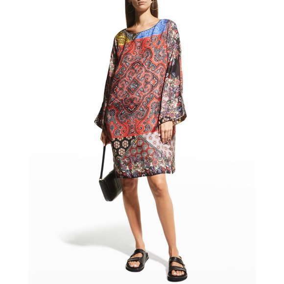 Johnny Was NWT Moa Kabelo Habutai Printed Silk Tunic Boho Mini Shift Dress XS - Picture 3 of 14